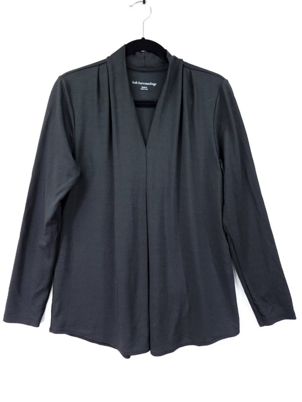 Soft Surroundings Soft Knit V-Neck Top Medium Solid Gray Pleat Long Sleeve